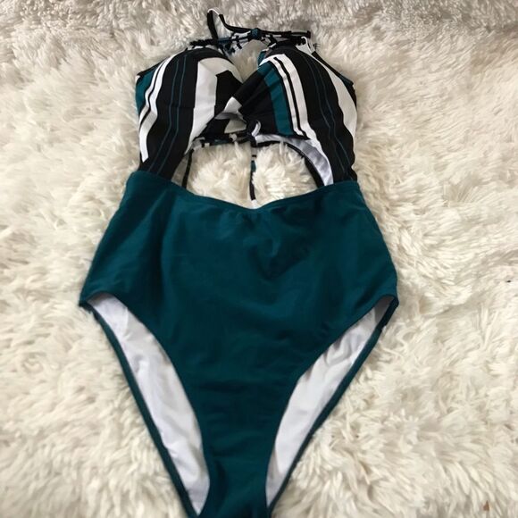 Cupshe one piece bathing suit NWT teal black and white size Small - Picture 3 of 8